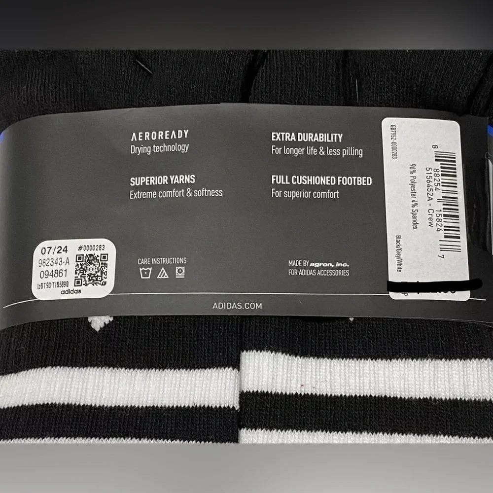 Adidas Men’s Cushioned 3 stripe roller black white crew socks 6 pair pack NEW